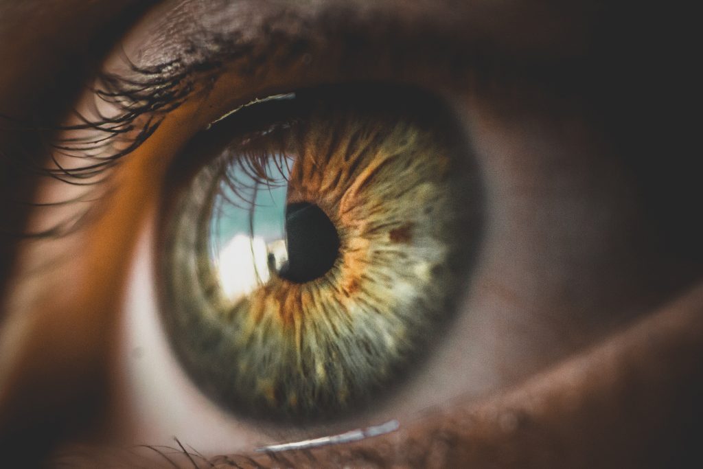 Detailed close-up of a vibrant human iris showcasing unique patterns and colors.
